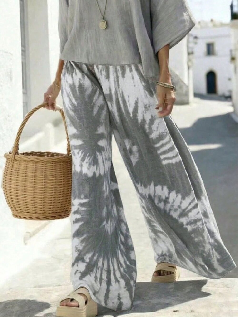 Light Grey Casual Women's Tie-Dye Floral Print Wide-Leg Pants Beach Vacation